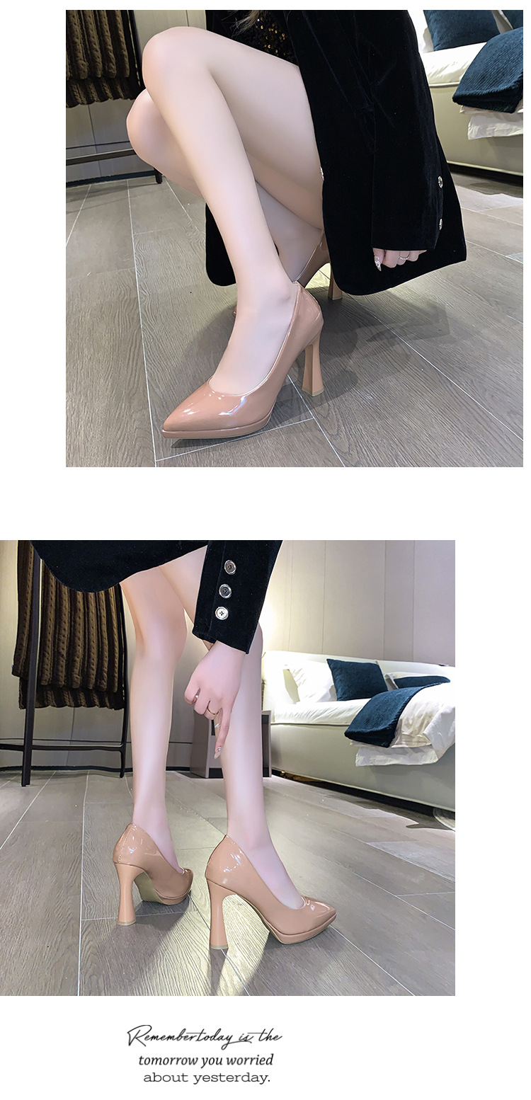 Pointed-toe nude high heels for women, 2023 new style, simple, fashionable and versatile, patent leather shallow toe square heel single shoe pic 14