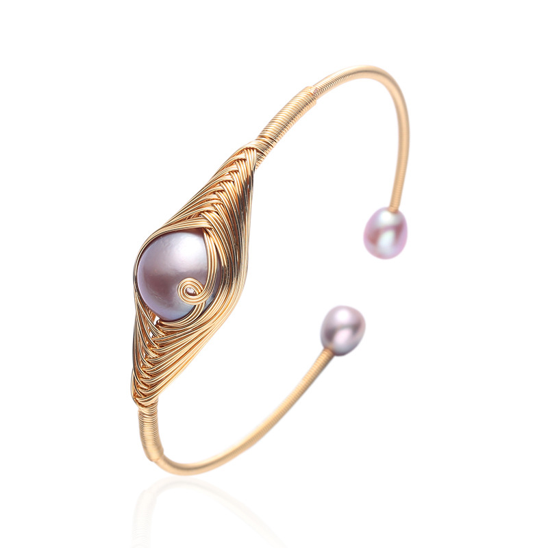 Japanese and Korean style natural freshwater pearl 14K gold-plated open bracelet, single large purple pearl peacock wound bracelet for women pic 14