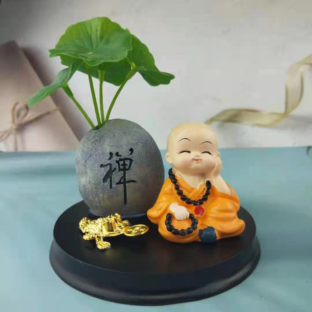 汽车小摆件禅意古风荷叶仿真绿植铜钱草佛珠小和尚车载中控台装饰详情14