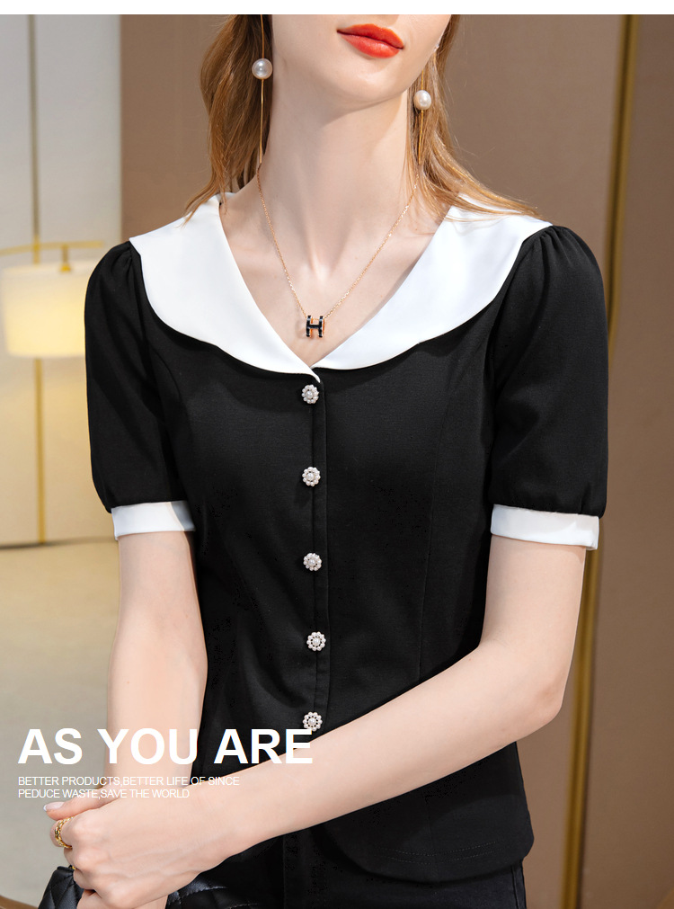短袖t恤女2022新款女装时尚撞色v领棉体恤减龄娃娃领收腰扣子上衣详情18