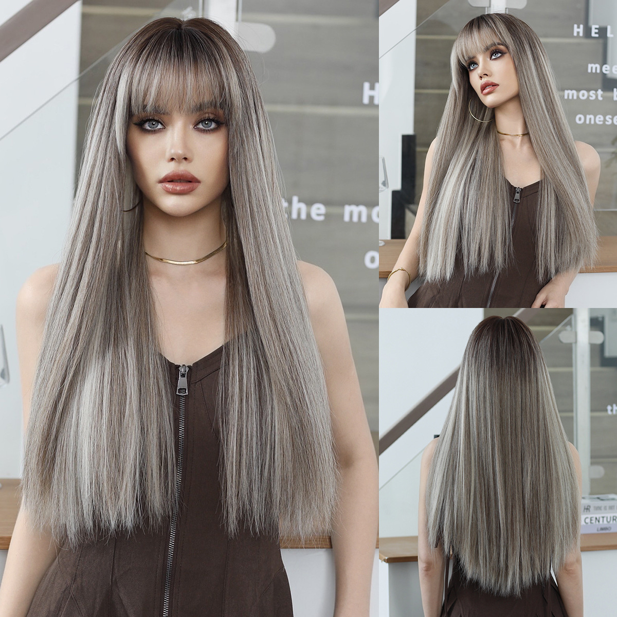 A cross-border Wig blogger on Xiaohongshu, a wig for women with long straight hair, highlights dyed beige lolita, and a full synthetic fiber wig pic 5