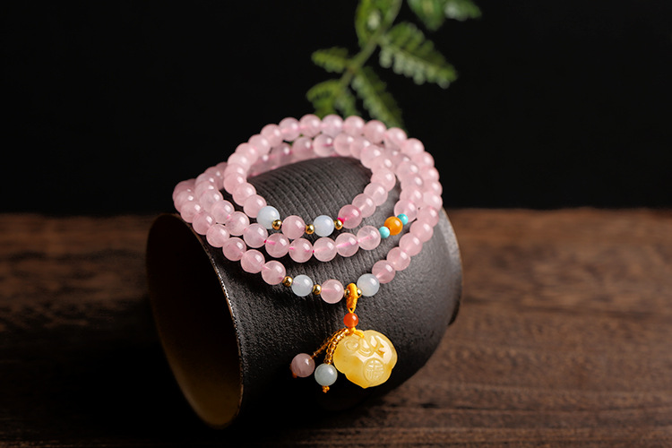 Natural Madagascar jelly rose crystal bracelet, soft pink color, wrapped three times, hanging beeswax peace lock bracelet, sent by proxy pic 3