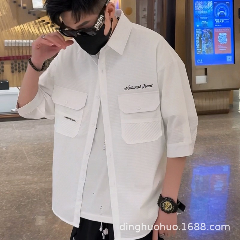 衬衫男士夏季潮流五分袖衬衣男装帅气短袖上衣服薄款七分中袖寸衫详情2