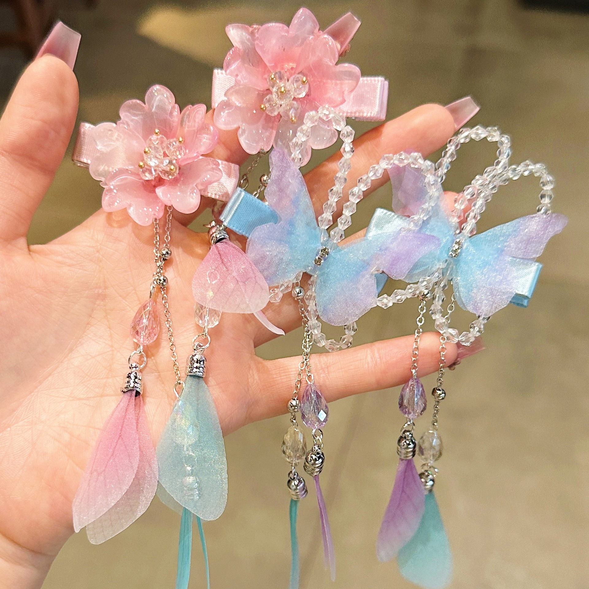 儿童发夹 国潮系列新款古风花朵蝴蝶珍珠流苏中国风琉璃对夹女孩汉服头饰详情29