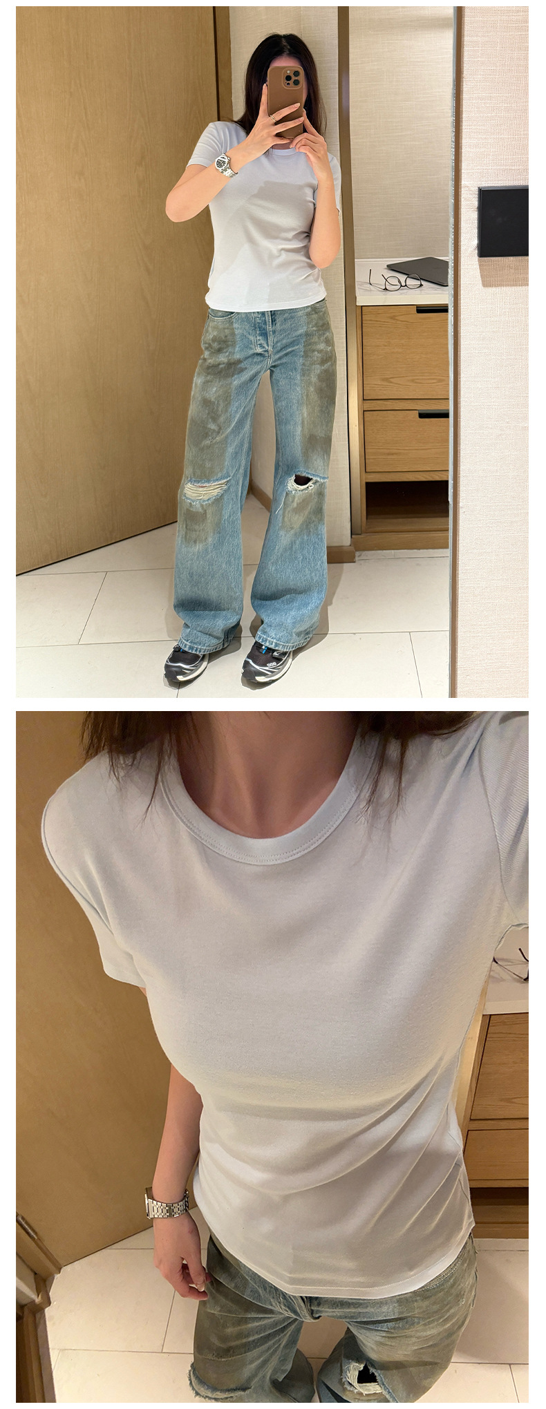 圆领短袖正肩百搭修身纯色羊绒基础t恤夏季紧身套头白色 打底衫女详情14