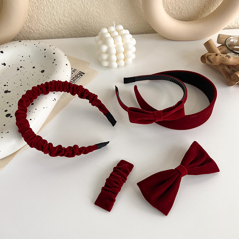 Retro velvet hairband, Japanese-style wine red bow hairpin, elegant wide-brimmed headpiece, top clip, red girlish hair accessory pic 5