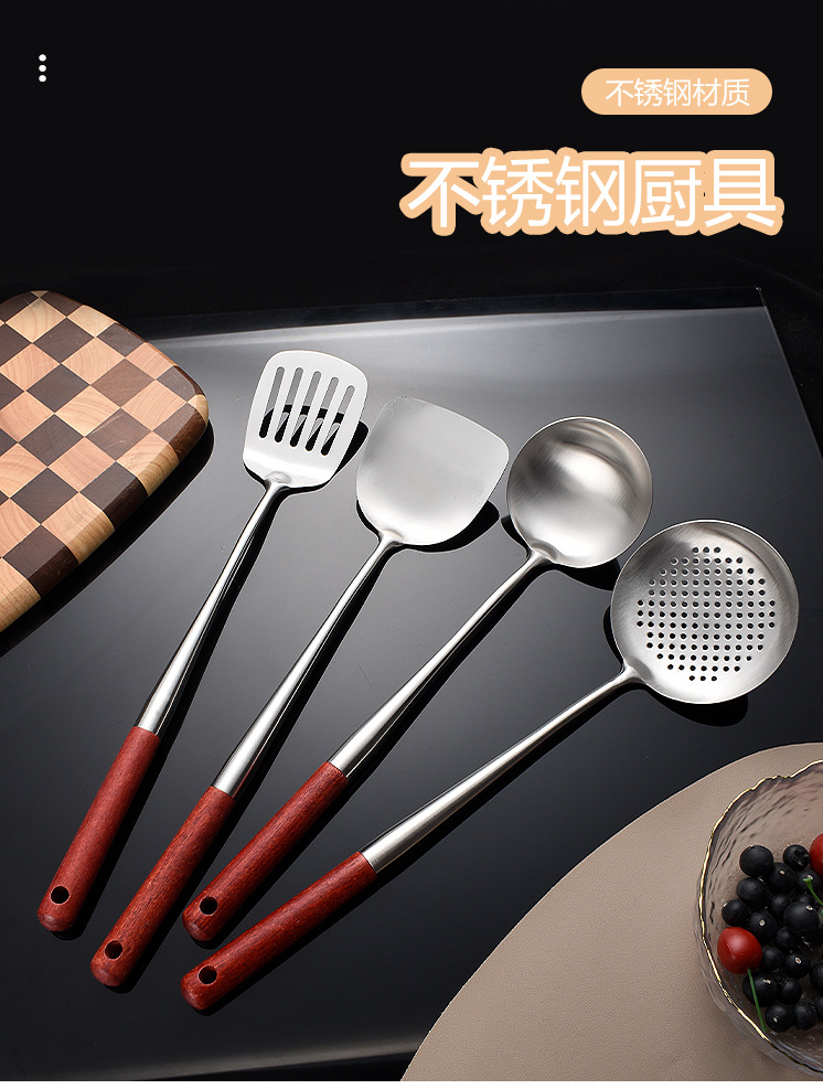 304不锈钢厨师专用加长炒菜锅铲煎铲汤漏火锅勺实木柄家用厨具套详情1