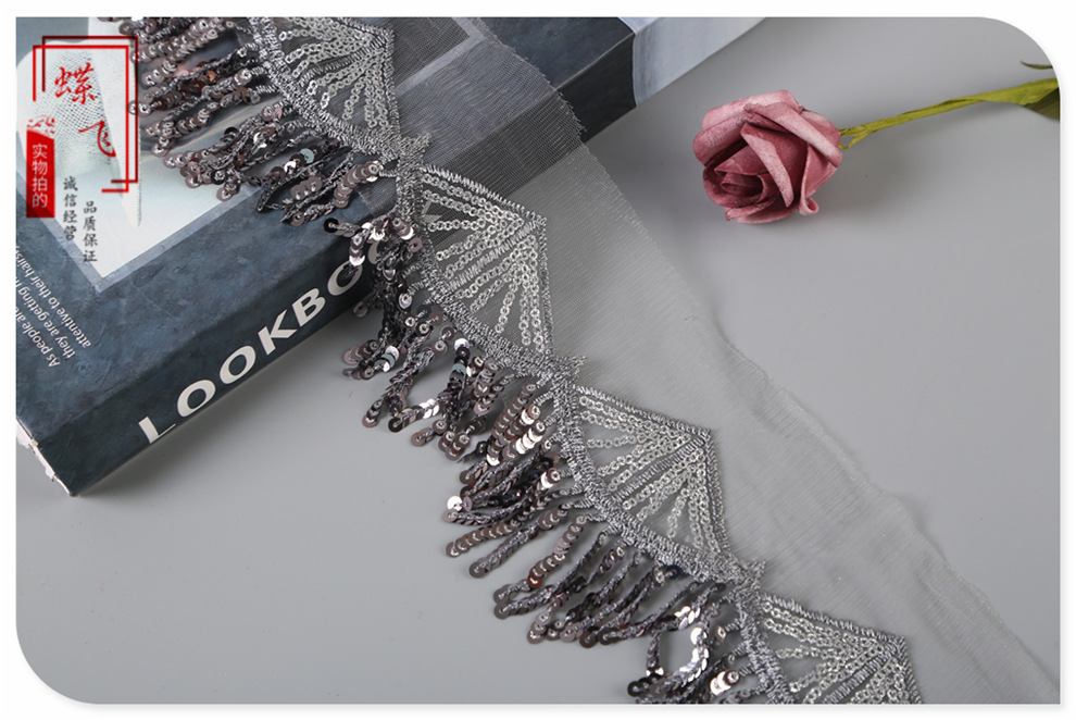 Small fans in stock, colorful hollowed-out mesh, tassels, sequins, embroidered lace, skirt hem decoration, stage costume accessories pic 4