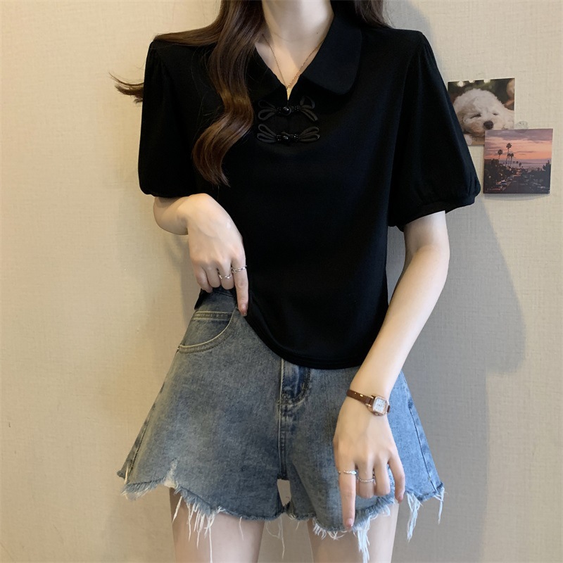 正肩Polo领短袖T恤女夏季大码胖mm显瘦新中式国风上衣泡泡袖小衫详情16