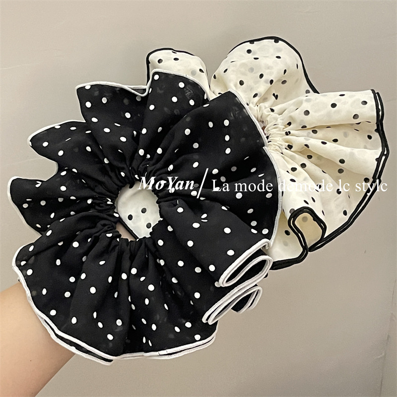 Double-layer white large polka dot large intestine hair band, elegant retro edge hair tie, French simple and elegant hair flower hair tie pic 3