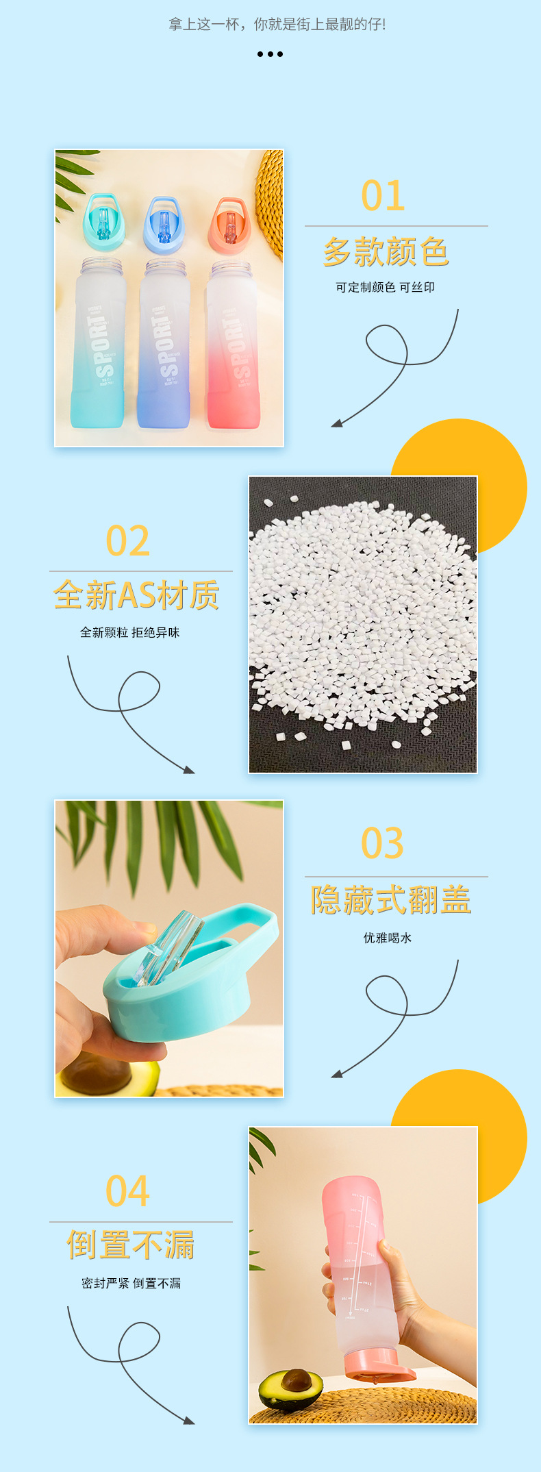 塑料杯运动水杯大容量水壶磨砂翻盖便携食品级渐变太空杯健身水壶详情2