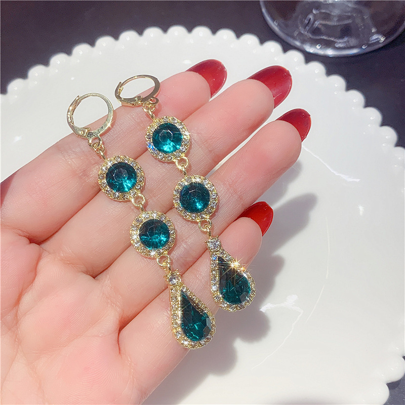 S925银针气质奢华绿色锆石耳扣新款高级水滴时尚百搭女耳环耳饰品详情3