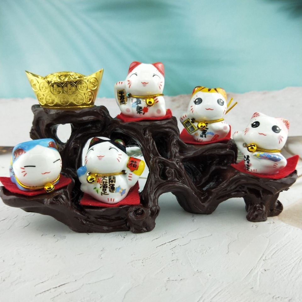 五福猫元气猫五福陶瓷招财猫汽车摆件创意工艺品地摊货源详情2