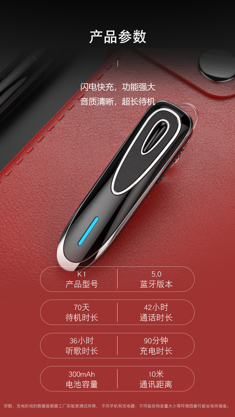 Private mold Qualcomm CSR chip fast charging ultra-long standby K1 stereo wireless Bluetooth headphones ear-hook style pic 20