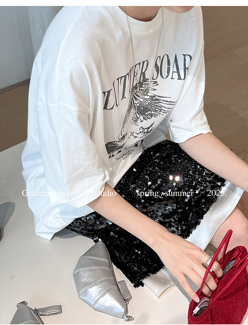 Early spring new release: 2025 Thirteen Lines Simple, retro, laid-back, loose, versatile printed round-neck short-sleeved T-shirt for women pic 11