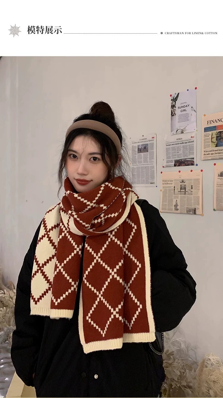 围巾女秋冬款韩版格子双面菱形围巾情侣高档百搭毛线围脖双面保暖详情9
