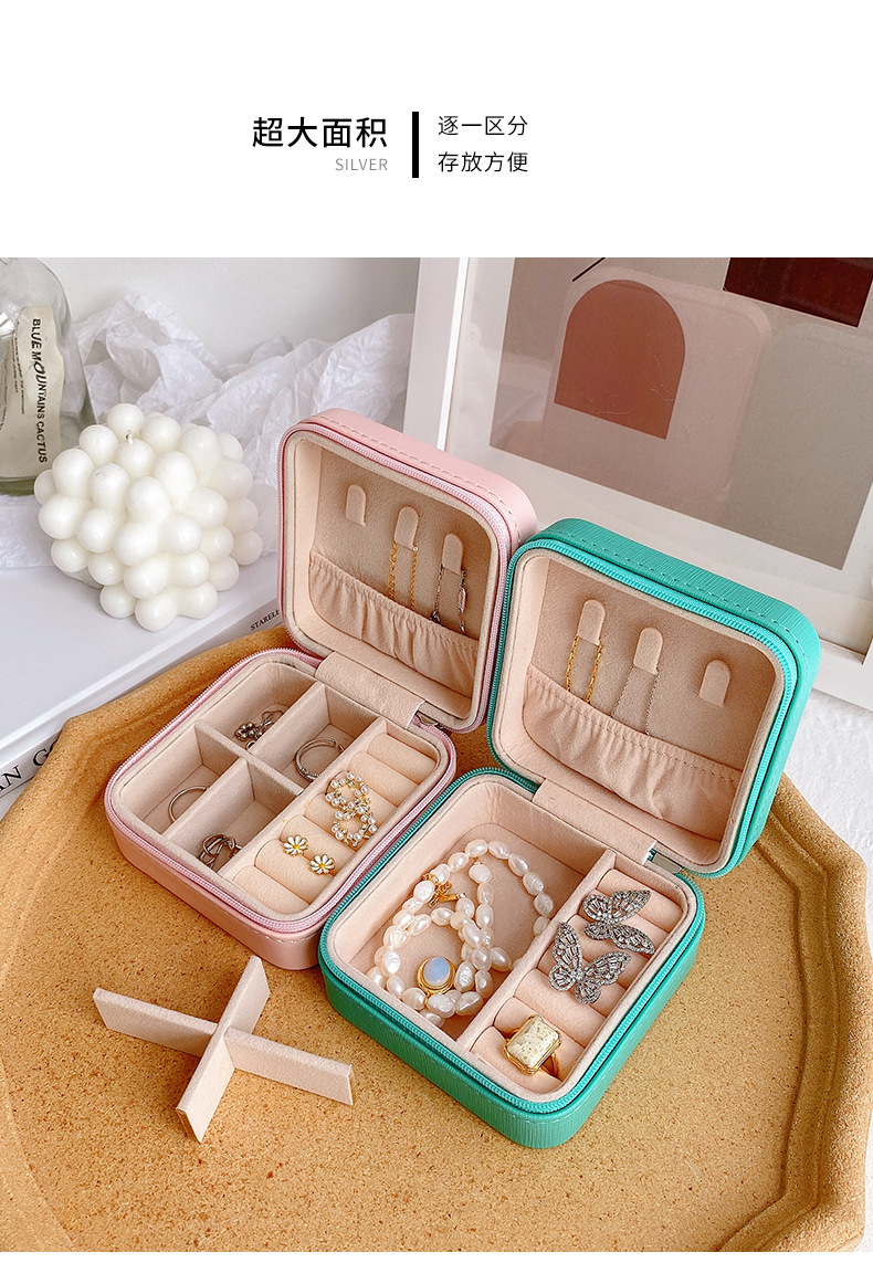 Simple and portable palm jewelry box, European and American ring and earring storage box, zipper flip cover travel trinket box pic 9