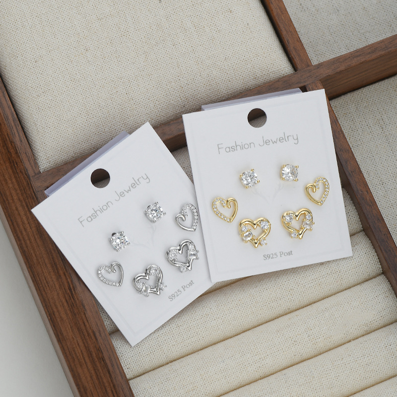 S925银针一卡三对套装耳钉女睡觉不用摘爱心小耳饰ins风学生耳坠详情2