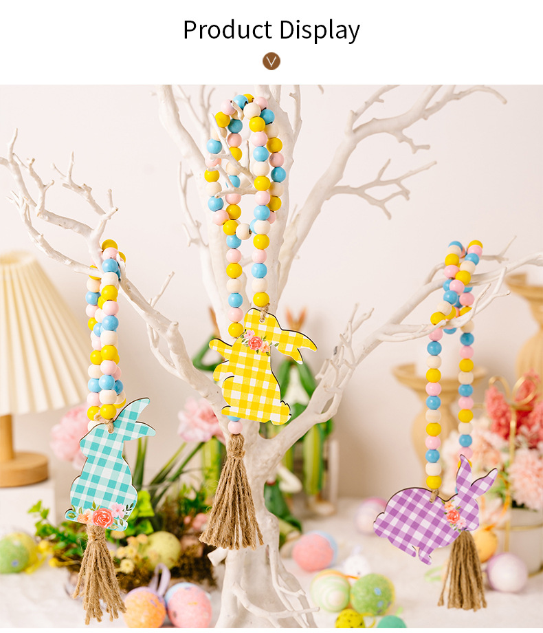 New cross-border Easter decorative items: Easter bead strings, checkered printed rabbits, wooden pendants, and colorful beads pic 6