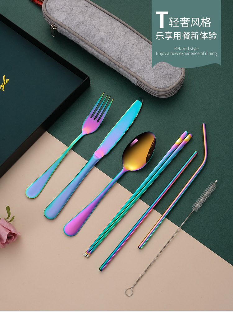 跨境亚马逊不锈钢餐具套装 便携式创意西餐具刀叉勺吸管组合礼品详情7