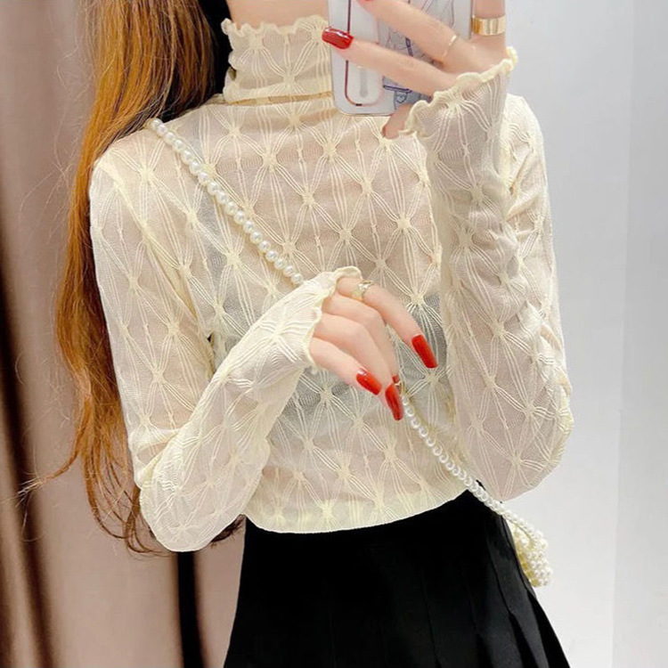 A new Korean-style slimming and sexy lace base layer with a black ear-trimmed high-neck and long-sleeved top for women pic 15