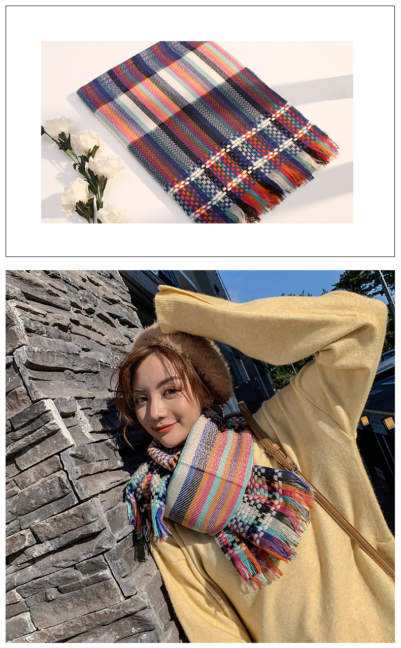 秋冬新款韩版围巾女草编彩条时尚披肩加长加厚保暖田园风围巾详情7