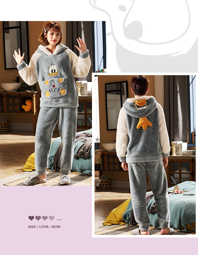 长毛绒冬季卡通情侣加厚加绒睡衣女帽子外穿法兰绒套装男士家居服详情58