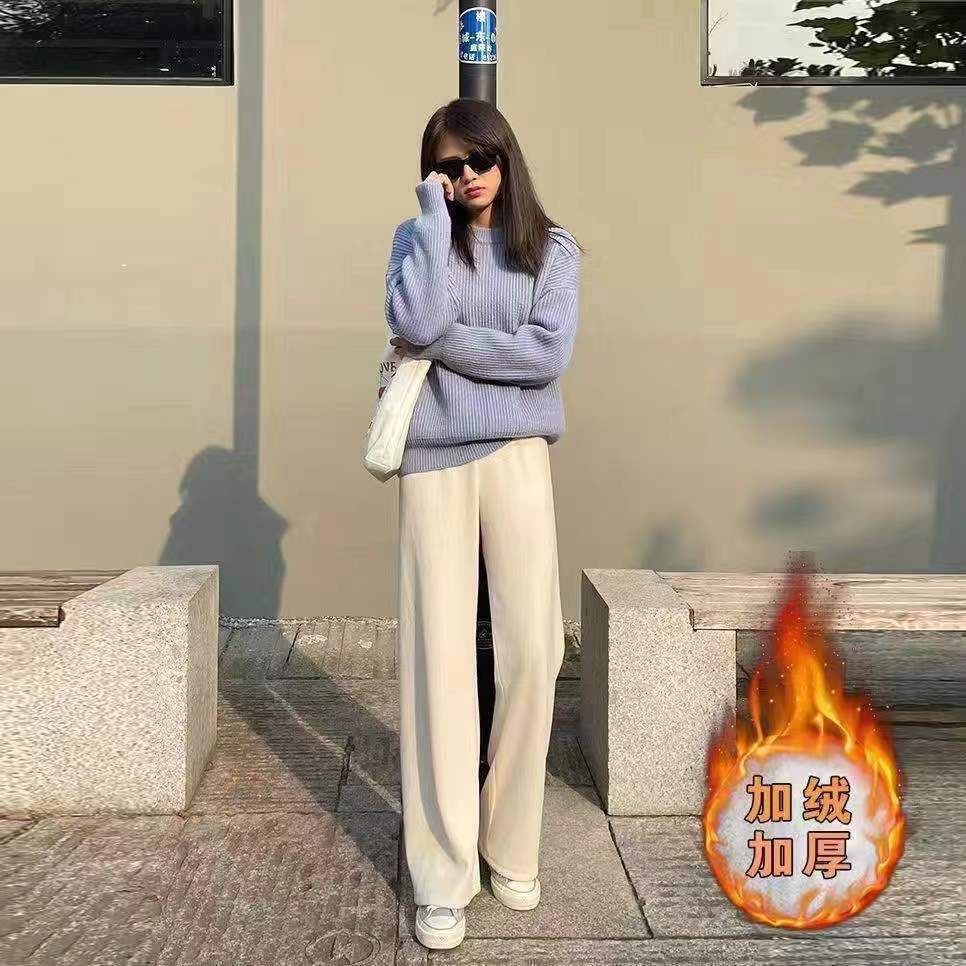 Otoño invierno 2022 pantalón de pierna ancha mujer casual holgada cintura alta con sensación de caída pantalón mop con fleece y espesor negro apricot pantalones rectos mujer pic 17