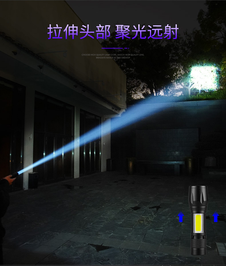 Cross-border exclusive flashlight, strong light rechargeable zoom, aluminum alloy side light strip, pen holder, long-range shooting, outdoor home small pic 9