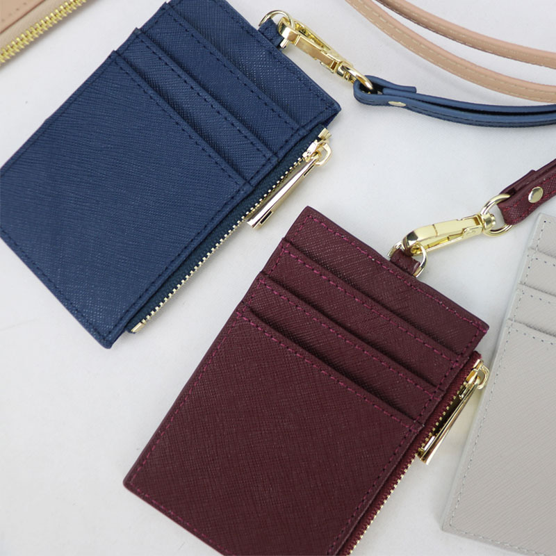 Genuine cowhide brand ID card holder, portable work name tag, employee name tag, cross-patterned neck-hanging, zipper card case, coin purse pic 35