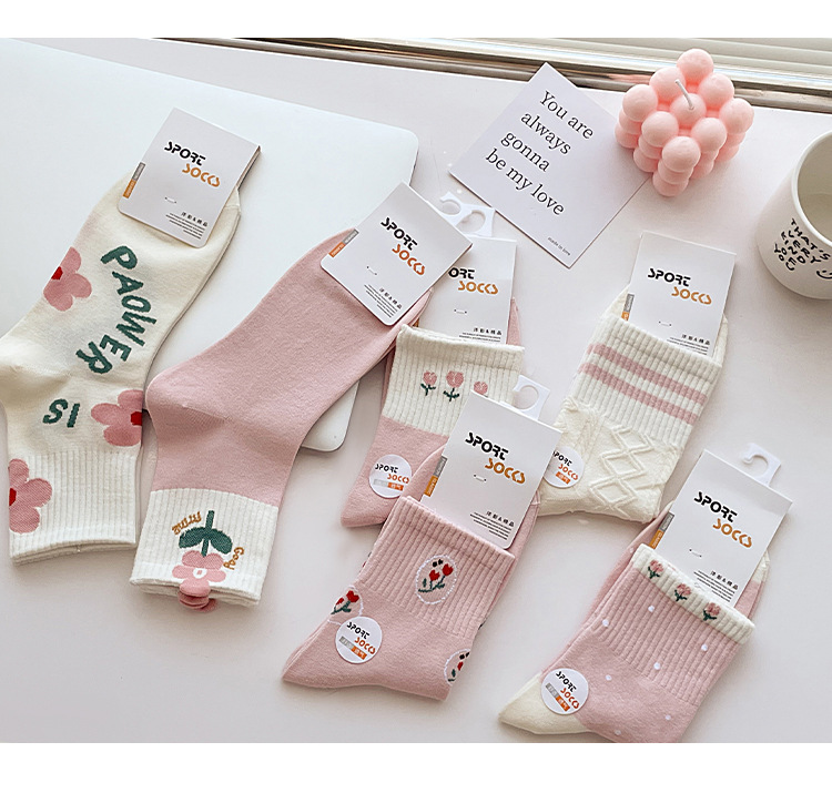 袜子地摊一件代发中筒袜女士秋冬 可爱小花刺绣女袜 百搭甜美袜子双针精梳棉棉袜女一件代发详情19