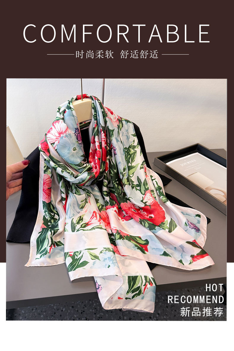 韩版薄款印花仿真丝丽锦缎防晒多彩花卉丝巾长巾披肩百搭头巾围巾详情1