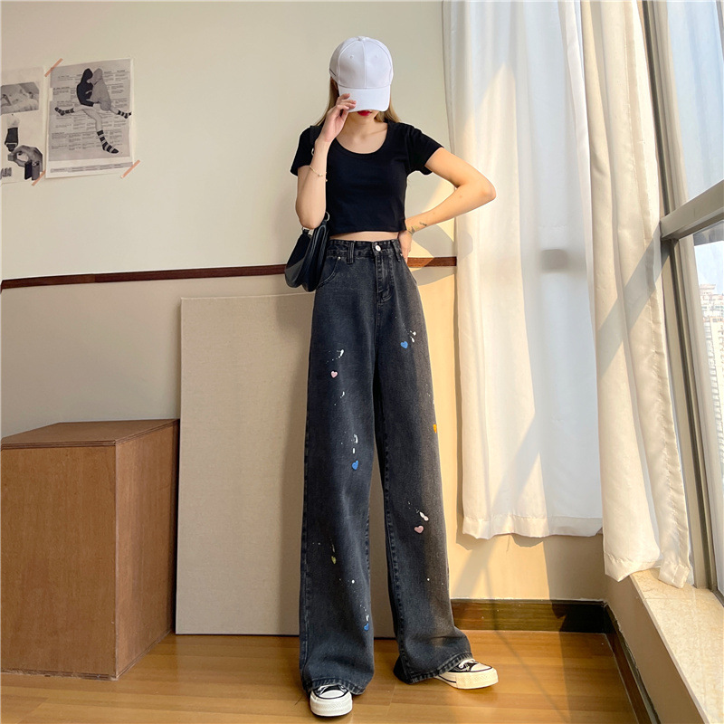 The new Korean style high-waisted straight-leg loose, slimming, wide-leg black floor-length jeans for women in spring and summer are trendy pic 7