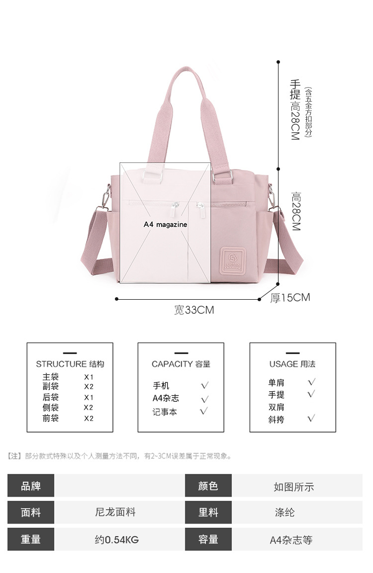 跨境女包大容量休闲尼龙托特包新款轻便单肩多隔层实用斜挎包详情14