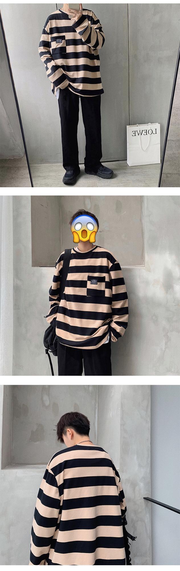 Cross-border striped T-shirt for women 21 New striped long-sleeved T-shirt for women on Instagram Harajuku loose Korean-style top in stock pic 12