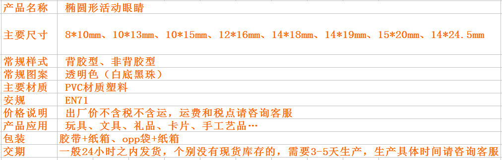 椭圆黑白活动眼珠产品介绍表