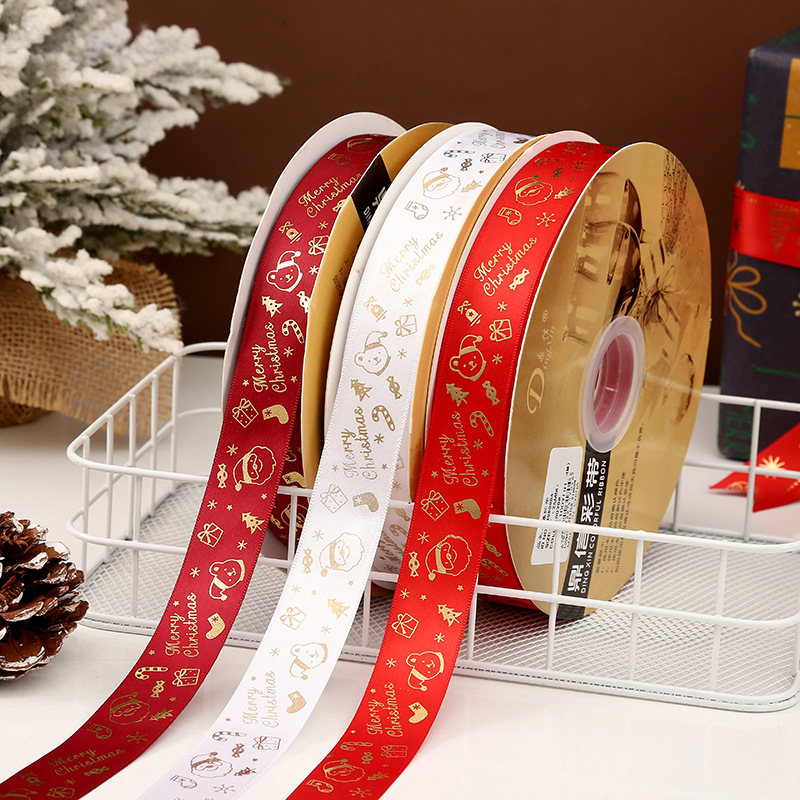 Dingxin Christmas ribbons are in stock and available for wholesale. 2.5CM gold-embossed printed Christmas gift packaging bow polyester ribbons pic 7