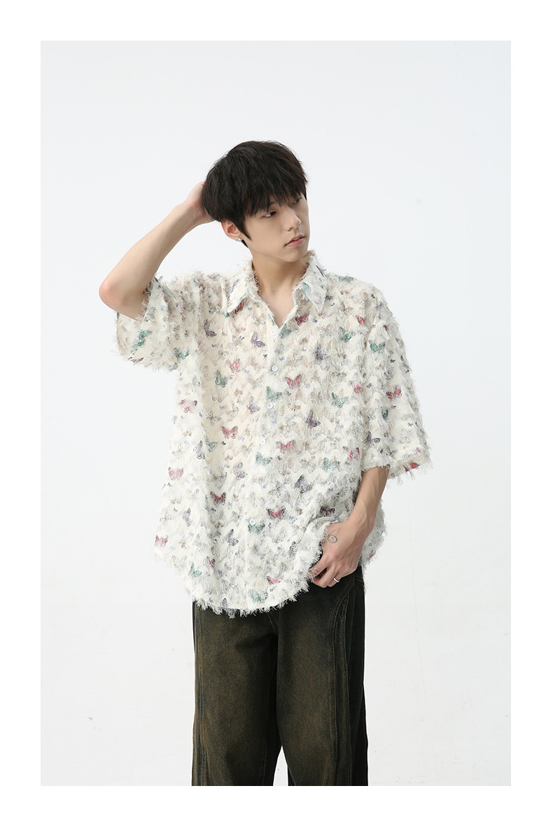 MTLCLOTHES男装|2024春款新品 法式小众独特彩色蝴蝶提花流苏衬衫详情17