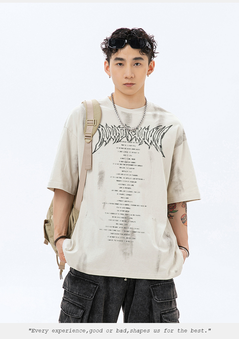 手绘印花纯棉T恤男2024夏季美式休闲情侣短袖做旧擦色复古体恤衫q详情15