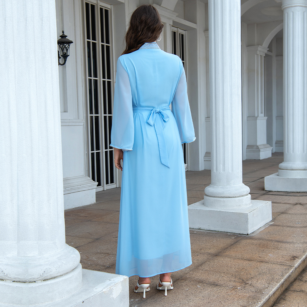 XQY500090 Foreign trade Arab robe, Middle East kaftan fashion Hot diamond belted chiffon dress pic 8