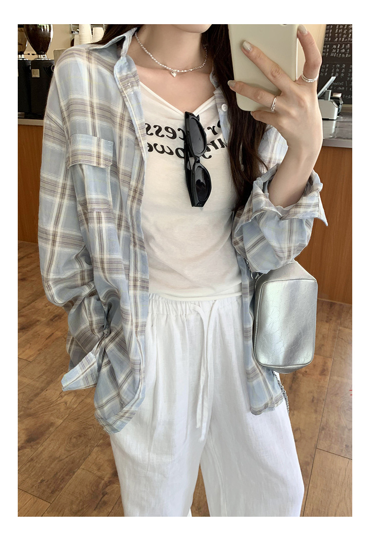 法式设计感小衫蓝色格子防晒衬衫女2024秋季新款女装小清新bm上衣详情15