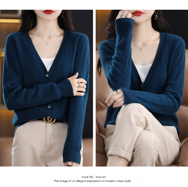 绒狼2023秋冬新款女士V领羊毛针织麻花开衫宽松长袖短款外套女详情24
