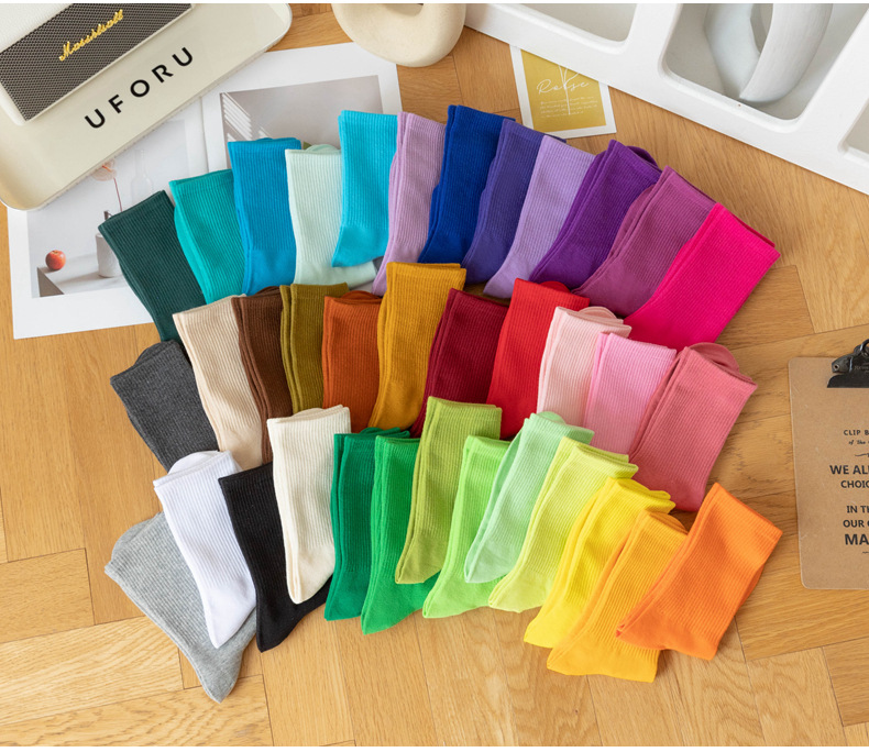 糖果色女士袜子女长筒春秋季简约ins潮流中高筒学生运动彩色棉袜详情1