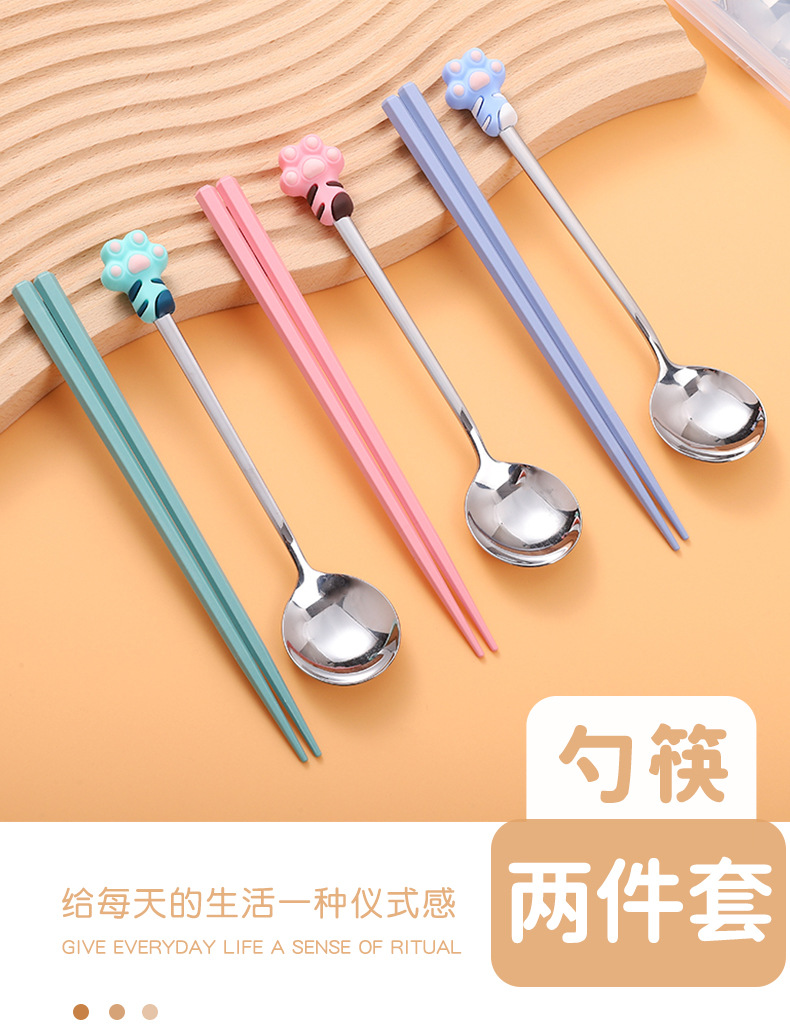 Cartoon boxing cute claw spoon and chopsticks two-piece set, adorable and girlish stainless steel spoon and alloy chopsticks tableware set pic 1
