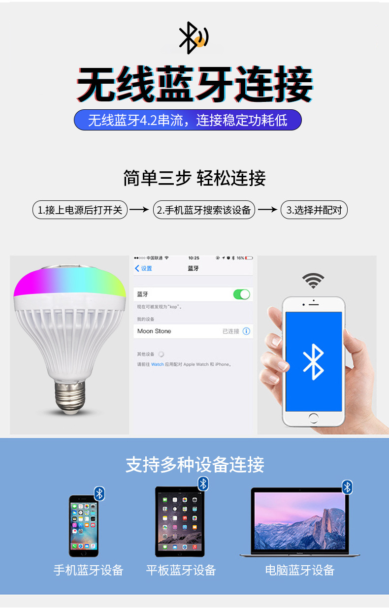 Cross-border wholesale of rgb Bluetooth music bulbs, led bulbs, smart remote control bulbs with speakers, and colorful stage bulbs pic 7