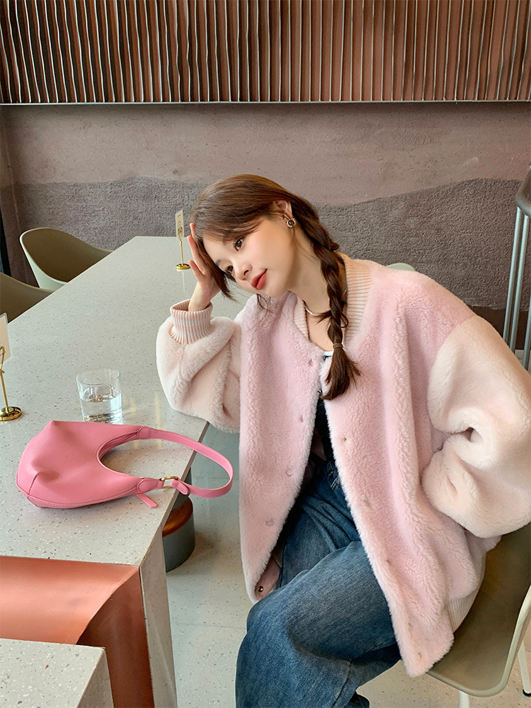 颗粒绒棒球服羊羔毛皮草外套女撞色时尚粉色羊剪绒皮毛一体大衣冬详情12