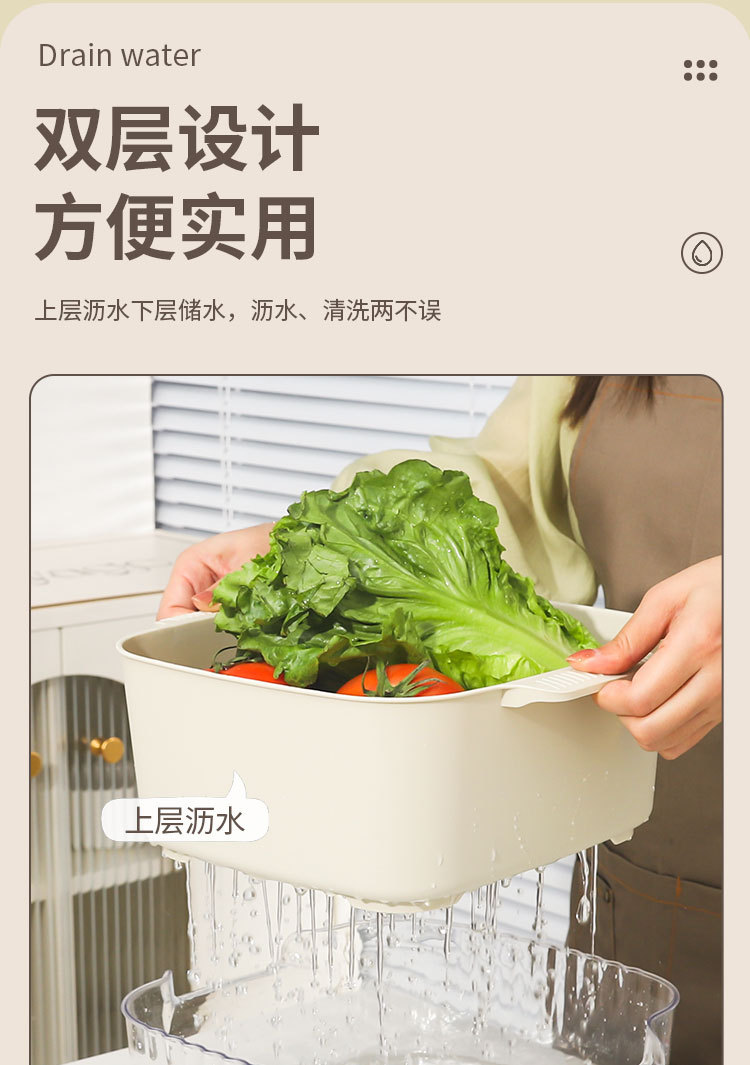 家用加厚耐摔双层蔬果沥水篮客厅洗菜篮子双耳提手塑料厨房洗菜盆详情3