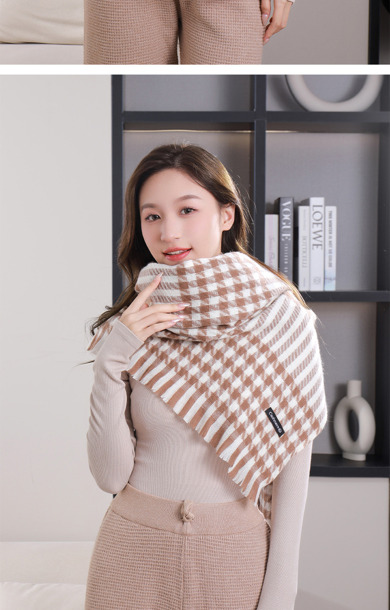 New autumn and winter checkered short beard imitation cashmere scarf for female students, warm and versatile soft shawl manufacturer wholesale pic 14