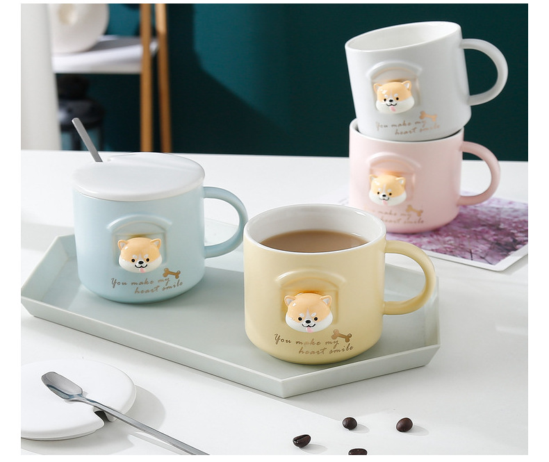 立体柴犬可爱卡通陶瓷杯秋田犬马克杯带盖勺学生办公家用水杯情侣详情15