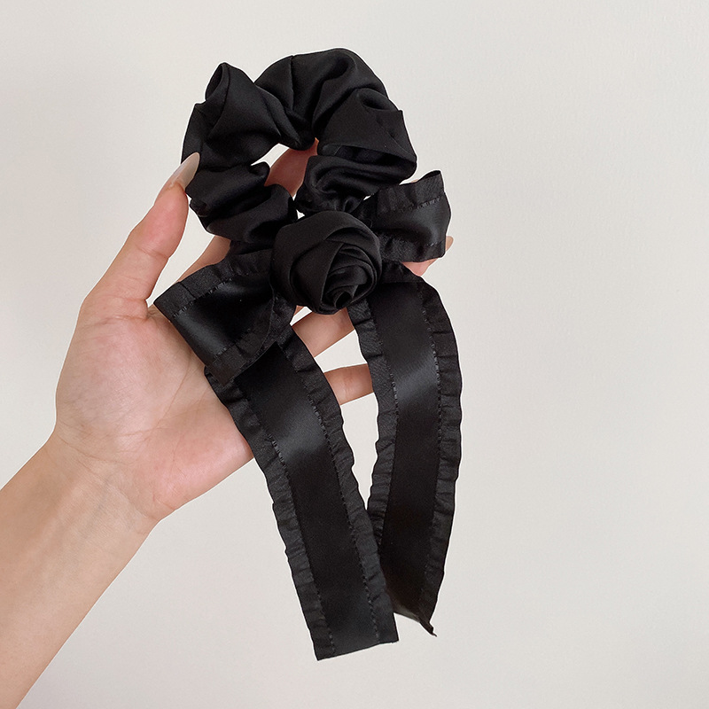 Black rose ribbon bow large intestine hair band, 2024 new style low ponytail hair tie leather band women's hair tie pic 28